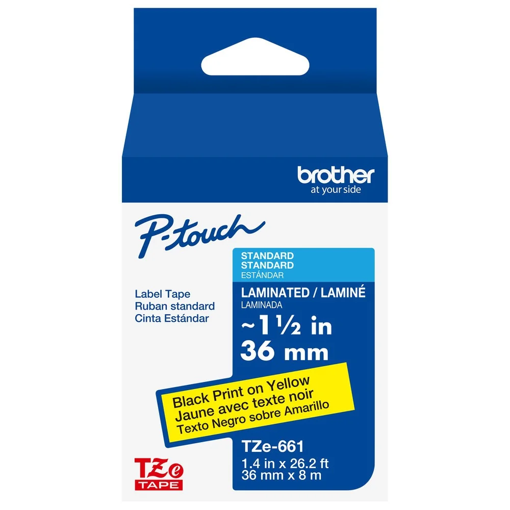 Cinta Laminada Brother Estandar Texto negro sobre cinta amarilla de 36mm x 8m