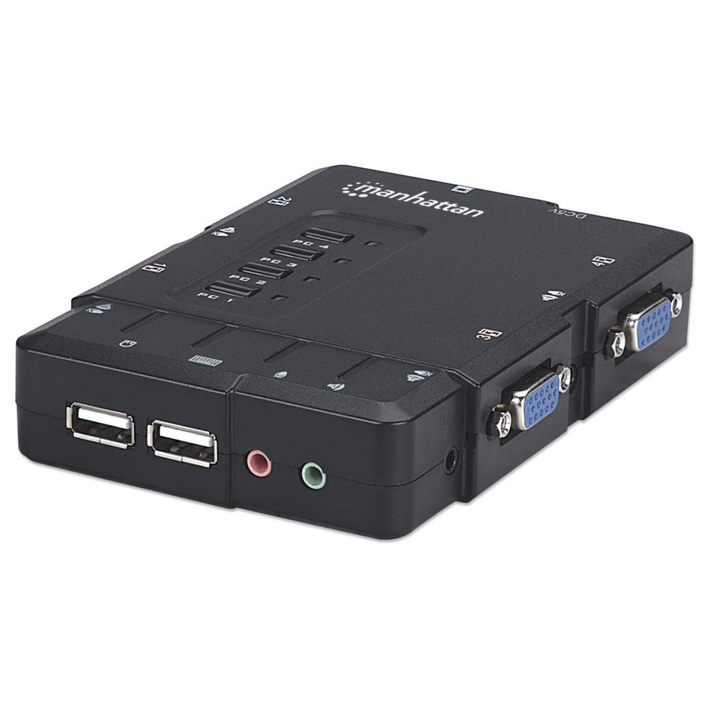 Switch KVM Manhattan Compacto 4 Puertos Desktop USB 4:1 Cables+Audio Color Negro