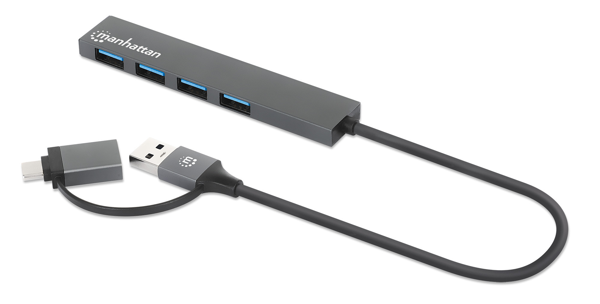 Hub Manhattan de 4 puertos USB-A 3.2 Gen 1 con conector adaptable de USB-A a USB-C