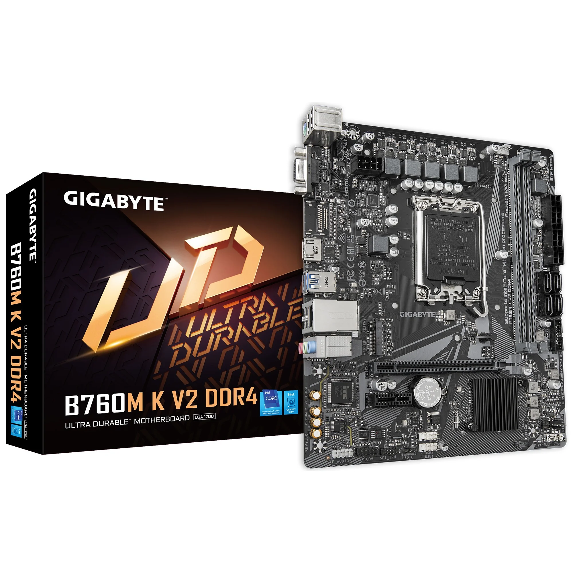 Tarjeta Madre Gigabyte B760M K V2 2xDDR4 64GB 3200Mhz HDMI VGA M.2 PCIe 4.0 S 1700 12th 13th 14th Gen mATX