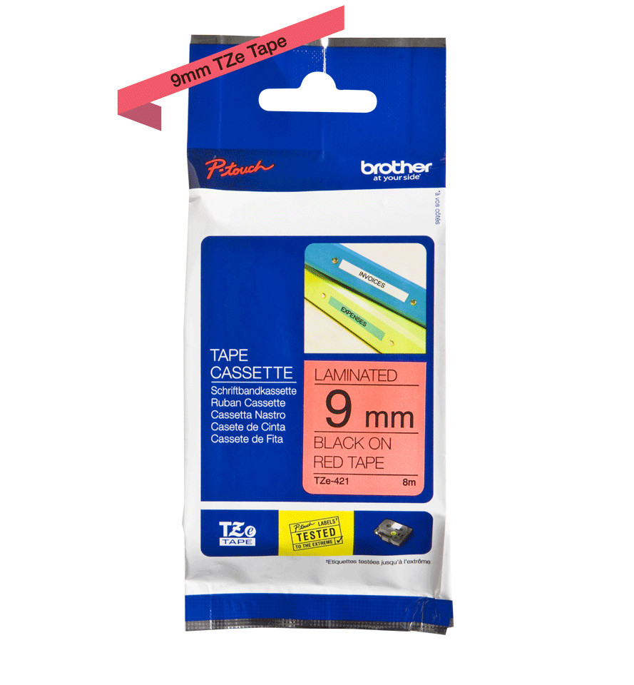 SKU-TZE421G-featured Cinta Laminada Brother Estandar Texto negro sobre cinta roja de 9mm x 8m - Imagen 1