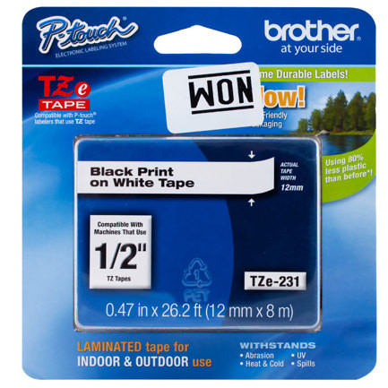 Cinta Brother TZeS231G Laminada Súper Adhesiva Texto Negro